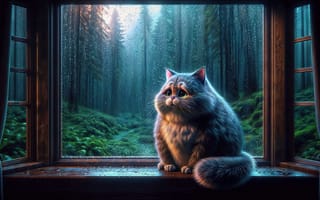 Картинка грусть, лес, кот, дождь, окно