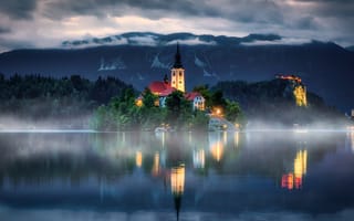 Картинка горы, озеро, церковь, Bled, дымка, Словения