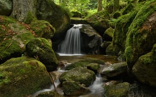 Картинка природа, река, мох, ручей, водопад, камни