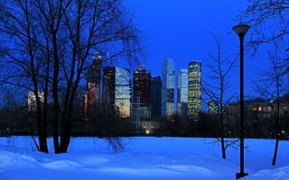 Картинка зима, небо, деревья, ночь, city, снег, город, lights