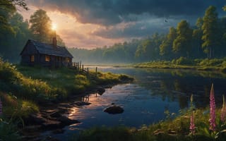 Картинка forest, river, painting, landscape