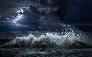 Картинка гроза, волны, пейзаж, ночь, шторм, тучи, природа, небо