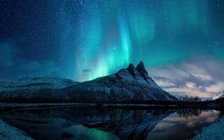 Картинка ночь, озеро, Полярное сияние, гора, красота природы, Aurora