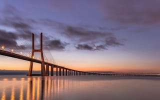 Картинка river, sunrise, bridge, landscape