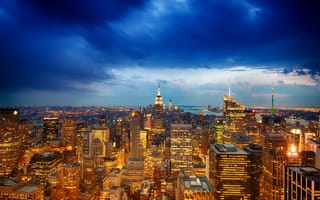 Картинка город, вид, Manhattan, США, Манхэттен, Нью-Йорк, New York City, панорама, USA, NYC, Empire State Building, Theatre District, вечер