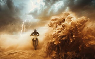 Картинка Песок, Молния, Дакар, Мотоцикл, Пустыня, Тучи, Цифровое искусство, Мужчина