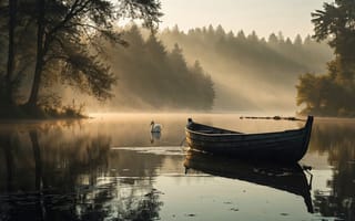 Картинка calm, dawn, boat, duck