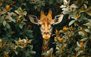 Картинка Взгляд, Листья, Нейросеть, Цифровое искусство, Жираф, Морда, Искусство искусственного интеллекта, ИИ-арт