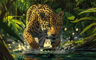 Картинка Вода, Трава, Взгляд, Ягуар, Джунгли, Хищник, Речка, Арт