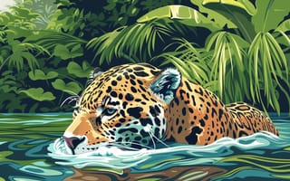 Картинка Вода, Трава, Джунгли, Ягуар, Речка, Хищник, Арт, Цифровое искусство