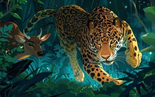 Картинка Листья, Ягуар, Большая кошка, Олень, Джунгли, Хищник, Цифровое искусство, Арт