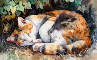 Картинка Кошка, Листья, Искусство искусственного интеллекта, Спит, Цифровое искусство, Арт, Кот, ИИ-арт