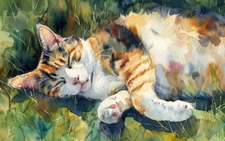 Картинка Трава, Кошка, Спит, Кот, Арт, ИИ-арт, Искусство искусственного интеллекта, Цифровое искусство