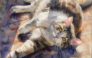 Картинка Взгляд, Кошка, Кот, ИИ-арт, Цифровое искусство, Арт, Искусство искусственного интеллекта, Лежит