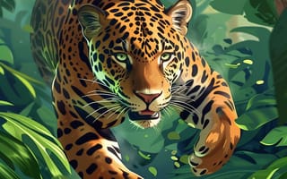 Картинка Листья, Прыжок, Арт, Большая кошка, Хищник, Морда, Цифровое искусство, Ягуар