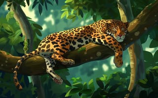 Картинка Дерево, Листья, Спит, Ягуар, Большая кошка, Хищник, ИИ-арт, Цифровое искусство