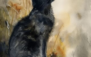 Картинка Кошка, Черная, ИИ-арт, Искусство искусственного интеллекта, Кот, Цифровое искусство, Арт, Сбоку