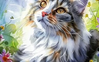 Картинка Взгляд, Кошка, ИИ-арт, Морда, Усы, Арт, Кот, Цифровое искусство