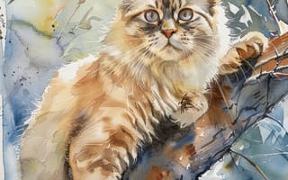Картинка Дерево, Взгляд, Кот, Усы, Ветка, Арт, Морда, Кошка