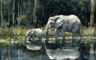 Картинка Вода, Деревья, ИИ-арт, Цифровое искусство, Детеныш, Слоны, Двое, Арт