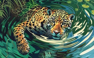 Картинка Вода, Ягуар, Большая кошка, Морда, Цифровое искусство, Арт, Хищник, ИИ-арт