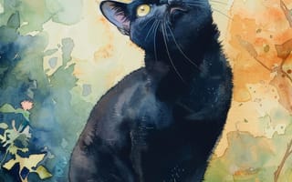 Картинка Взгляд, Кошка, Цифровое искусство, ИИ-арт, Искусство искусственного интеллекта, Кот, Арт, Черная