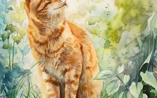 Картинка Трава, Взгляд, Арт, Цифровое искусство, Рыжая, ИИ-арт, Кошка, Кот