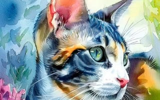 Картинка Кошка, Усы, Арт, Кот, Крупным планом, Морда, Цифровое искусство, Уши