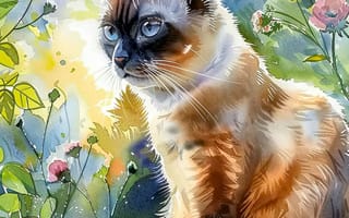 Картинка Цветы, Взгляд, Арт, Сиамская, ИИ-арт, Кот, Цифровое искусство, Кошка