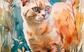 Картинка Трава, Взгляд, Рыжая, Кошка, Арт, Цифровое искусство, ИИ-арт, Кот