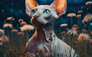 Картинка Цветы, Вечер, Кот, Взгляд, ИИ-арт, Цифровое искусство, Кошка, Сфинкс