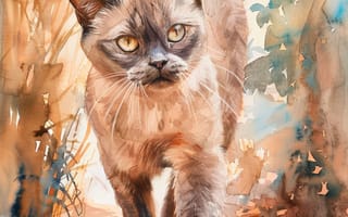Картинка Трава, Взгляд, Сиамская, Спереди, Цифровое искусство, Кот, Кошка, Арт
