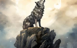 Картинка Скала, Волк, Цифровое искусство, Искусство искусственного интеллекта, Нейросеть, Арт, Имитация живописи, ИИ-арт