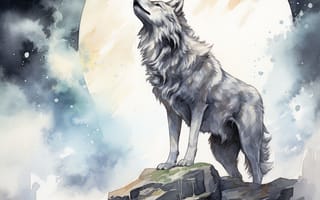Картинка Ночь, Луна, ИИ-арт, Волк, Цифровое искусство, Искусство искусственного интеллекта, Арт, Скала