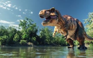 Картинка Вода, Деревья, Животное, Морда, Динозавр, Хищник, Цифровое искусство, Зубы