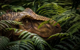 Картинка Глаз, Листья, Голова, Цифровое искусство, Животное, Морда, Хищник, Динозавр