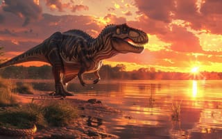 Картинка Вода, Облака, Динозавр, Животное, Хищник, Деревья, Рассвет, Цифровое искусство