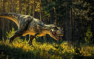 Картинка Трава, Деревья, Животное, Цифровое искусство, Tyrannosaurus Rex, Динозавр, Хищник, Тираннозавр