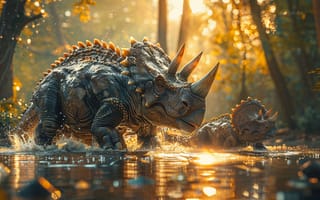 Картинка Вода, Деревья, Рога, Двое, Детеныш, Рассвет, Triceratops, Животные