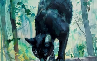 Картинка Черный, Кошка, ИИ-арт, Кот, Деревья, Арт, Цифровое искусство, Камень