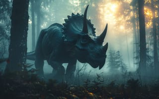 Картинка Деревья, Рассвет, Triceratops, Трицератопс, Рога, Животное, Динозавр, Цифровое искусство