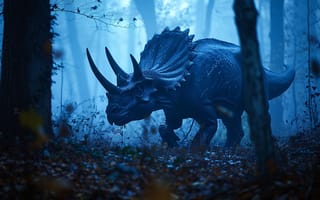 Картинка Деревья, Утро, Трицератопс, Цифровое искусство, Животное, Triceratops, Динозавр, Рога