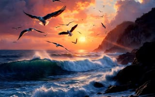 Картинка Море, Горы, ИИ-арт, Искусство искусственного интеллекта, Рассвет, Цифровое искусство, Волны, Чайки