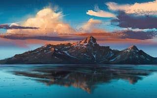 Картинка Облака, Горы, Lake, Живописный пейзаж, Озеро, Дымка, Haze, Mountains