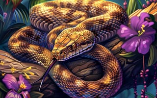 Картинка Цветы, Дерево, Арт, Змея, Рептилия, Животное, Джунгли, Цифровое искусство