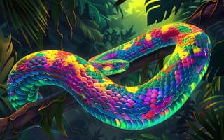 Картинка Дерево, Змея, Цифровое искусство, Животное, Джунгли, Ветка, Арт, Рептилия