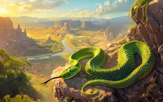 Картинка Горы, Змея, Рептилия, ИИ-арт, Река, Арт, Животное, Цифровое искусство