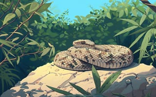 Картинка Трава, Змея, Рептилия, ИИ-арт, Камень, Арт, Цифровое искусство, Животное