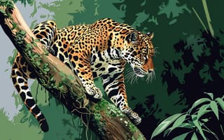 Картинка Листья, Ветка, ИИ-арт, Большая кошка, Цифровое искусство, Искусство искусственного интеллекта, Ягуар, Хищник