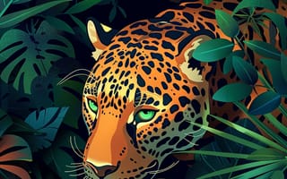 Картинка Взгляд, Листья, Крупным планом, Ягуар, Большая кошка, Хищник, Морда, Цифровое искусство